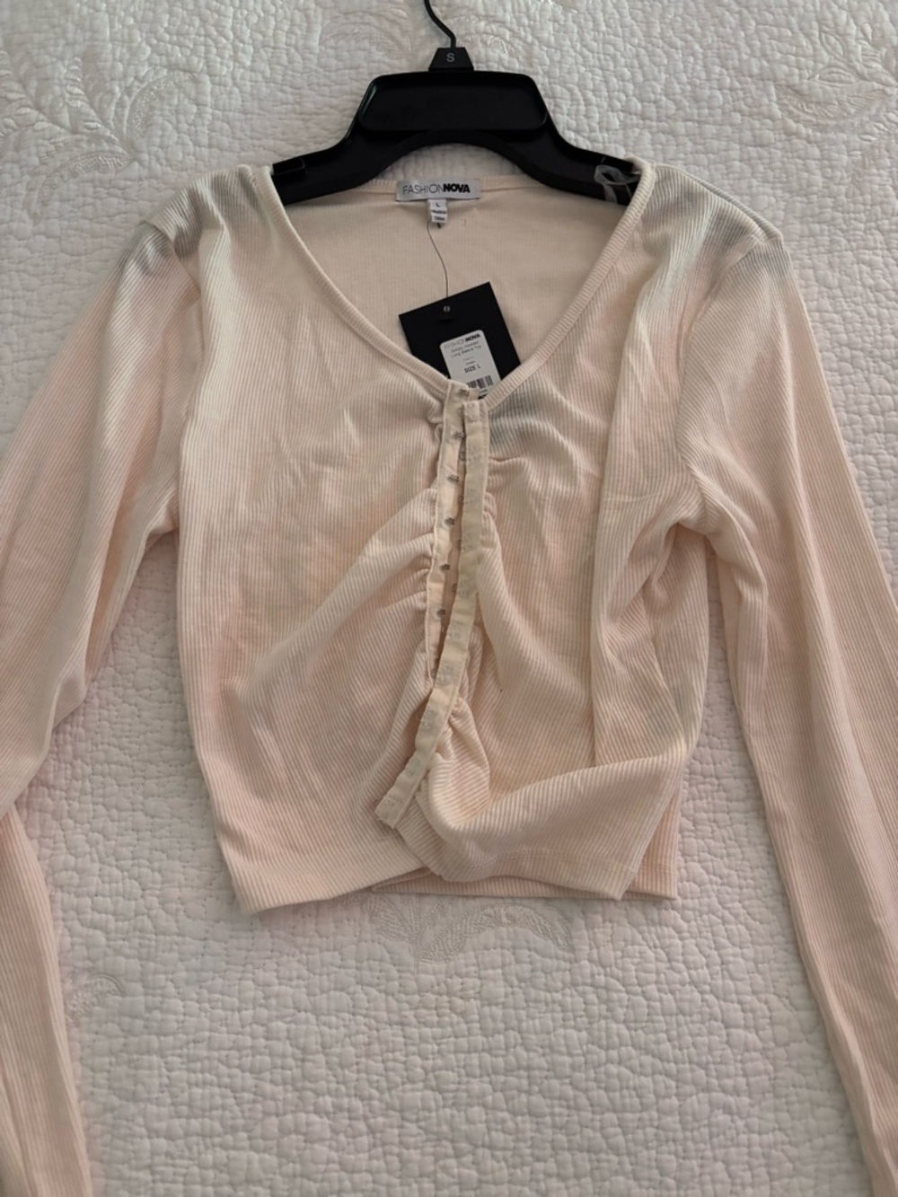 Fashion Nova Cream Ribbed Hook-Front Long Sleeve Crop Top